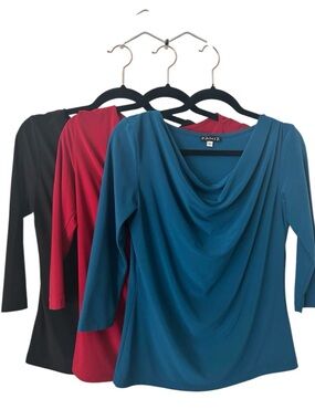 Paniz Draped Neck 3/4 Sleeve Jersey Tops in Teal, Red, Black